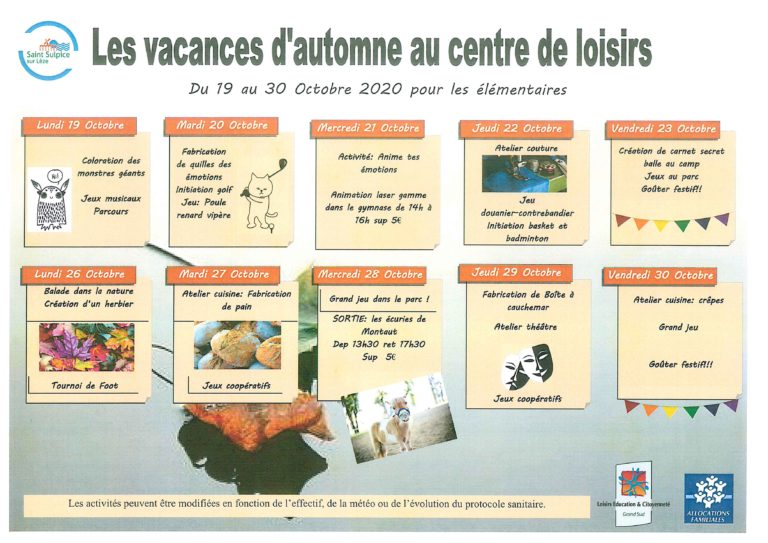 Centre de Loisirs : Programme Vacances d'Automne 2020 - St Sulpice-sur-Lèze
