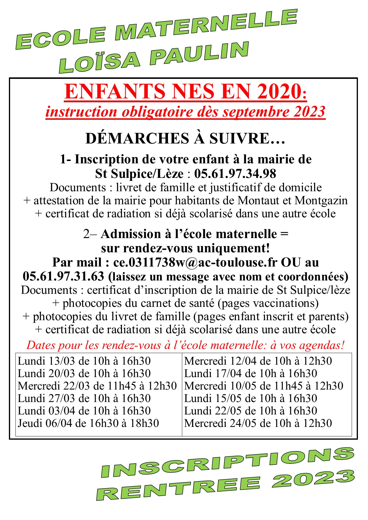 ENF - Affiche permanences inscriptions maternelle Saint-Sulpice-sur-Lèze - rentrée 2023 001