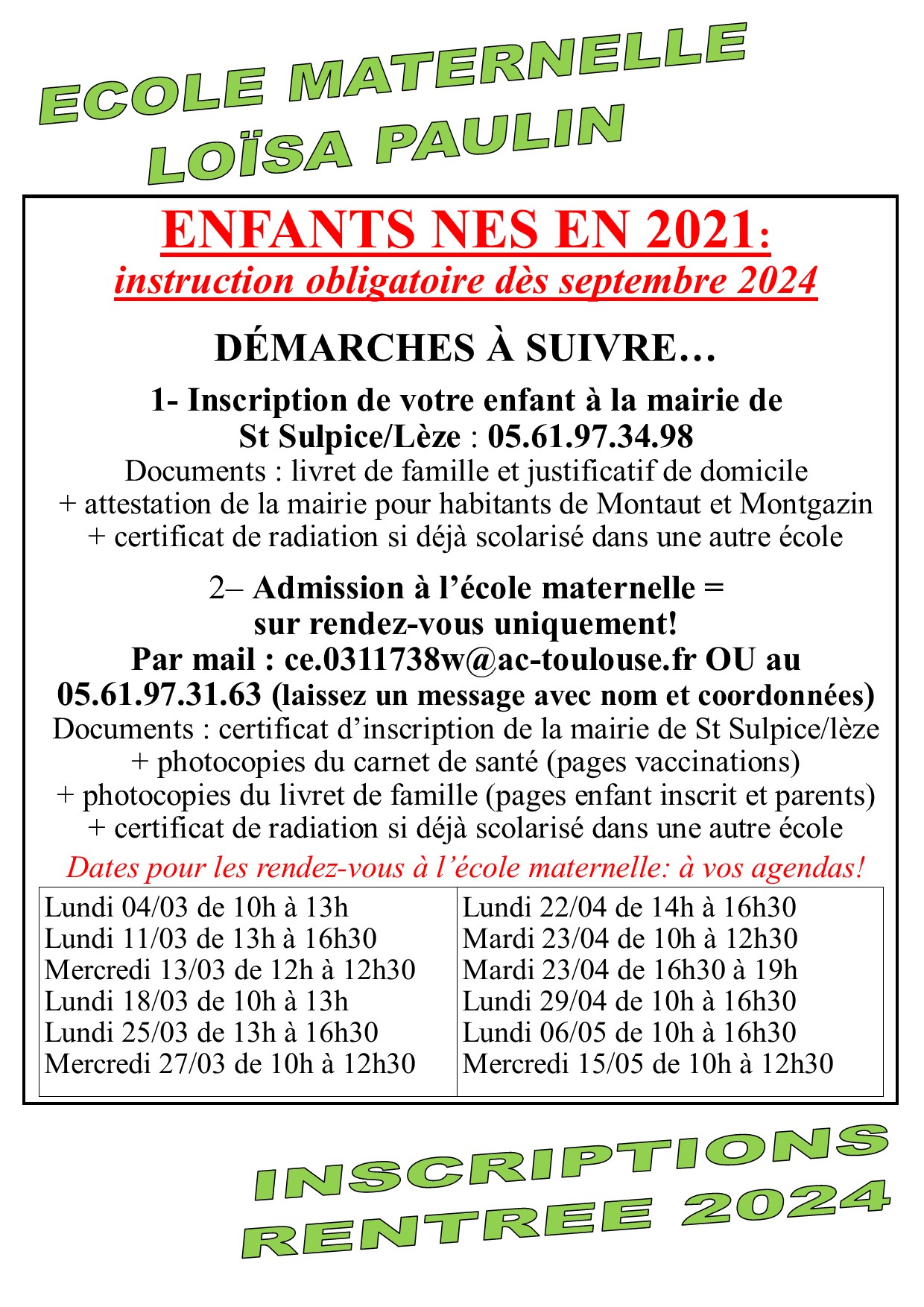 affiche permanences inscriptions maternelle St Sulpice sur Lèze