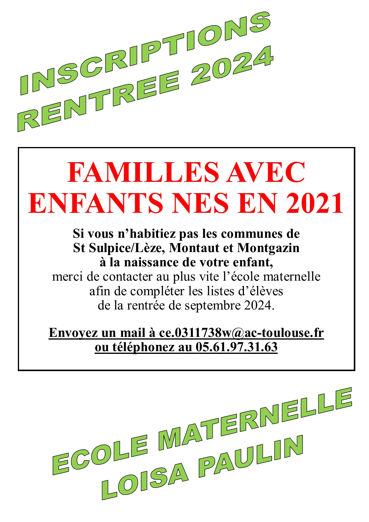 affiche permanences inscriptions maternelle St Sulpice sur Lèze2